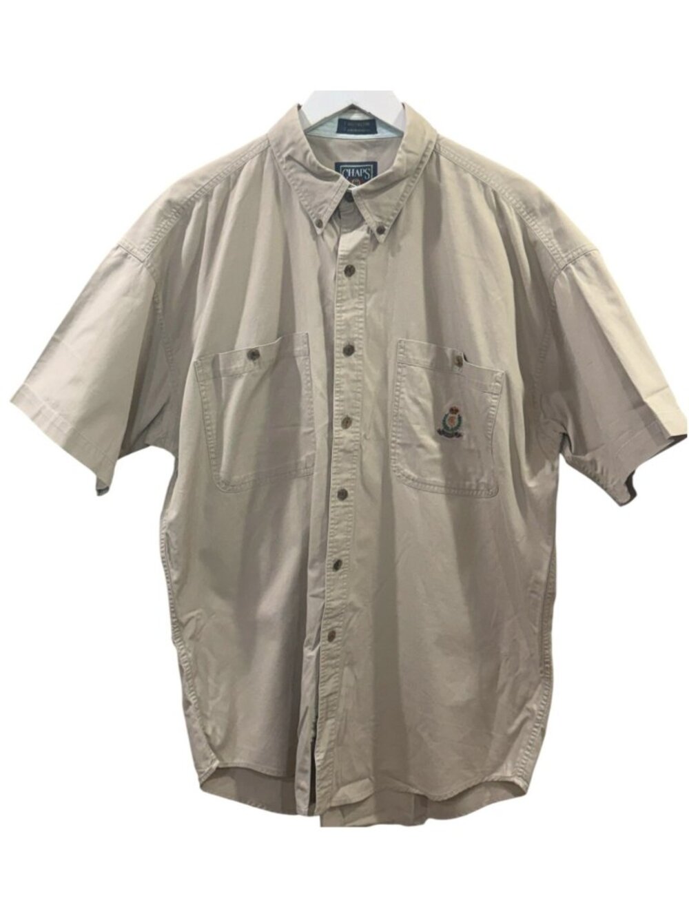 Ralph Lauren Chaps Mens Shirt Large Tan Logo Safari Outdoors Short Sleeve Vtg